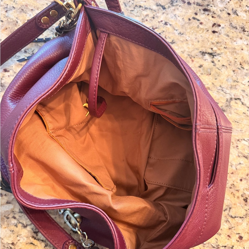 HOBO Burgundy Leather Shoulder Bag with Black Tassel and Gold Hardware - Picture 8 of 9